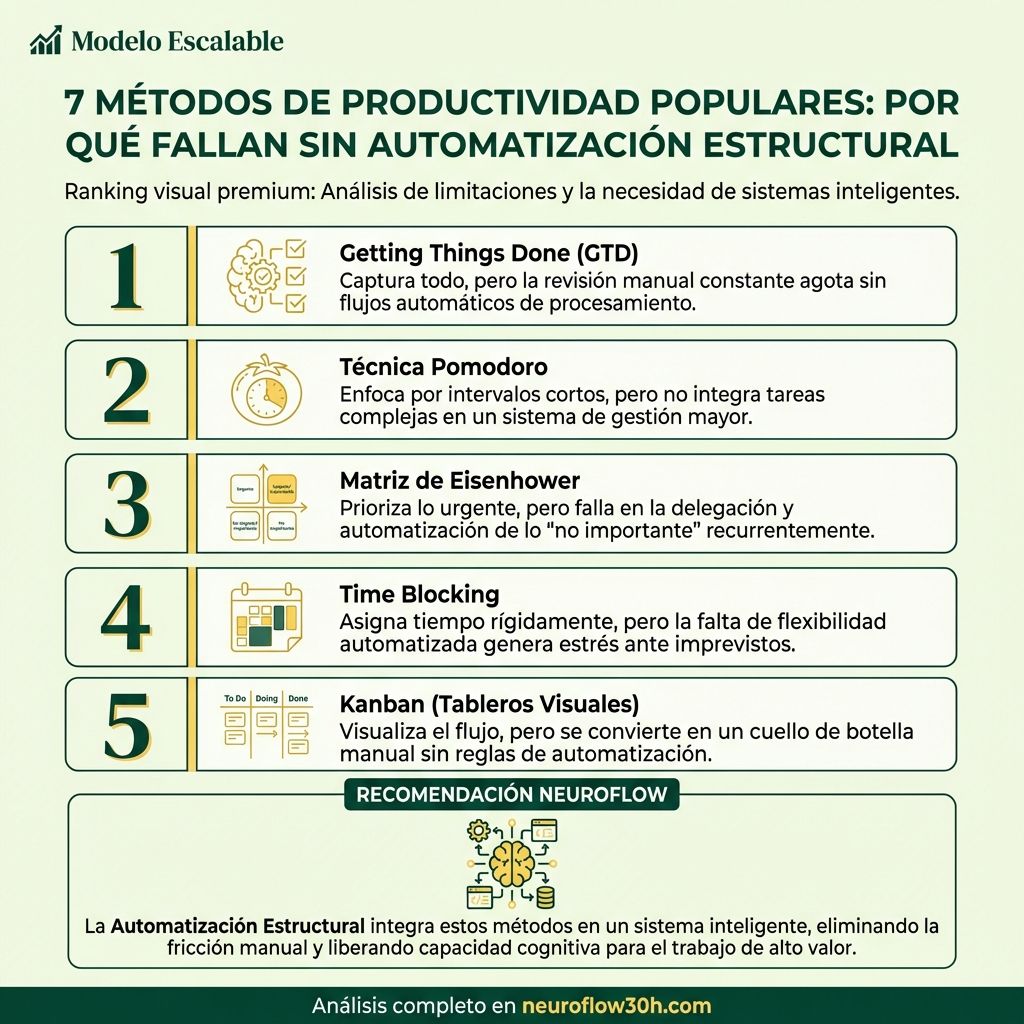 Infografía: 7 Métodos de Productividad Populares: Por Qué Fallan Sin Automatización Estructural