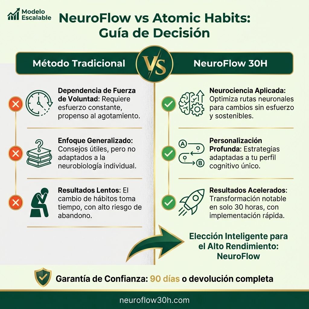 Infografía: NeuroFlow vs Atomic Habits: Guía de Decisión