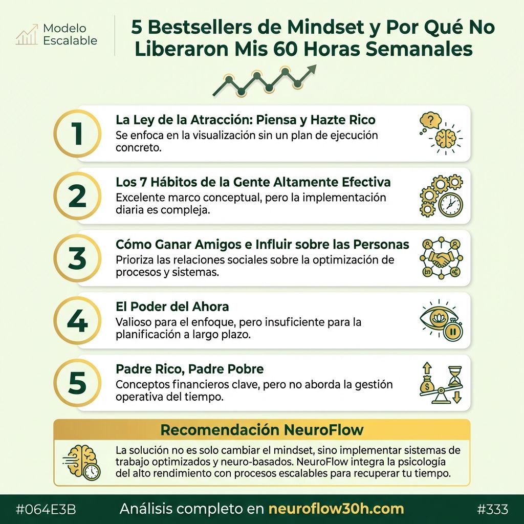 Infografía: 5 Bestsellers de Mindset y Por Qué No Liberaron Mis 60 Horas Semanales