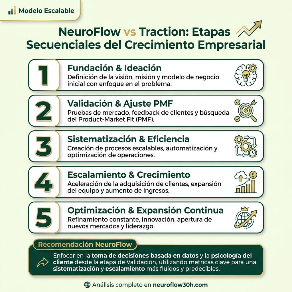 Infografía: NeuroFlow vs Traction: Etapas Secuenciales del Crecimiento Empresarial