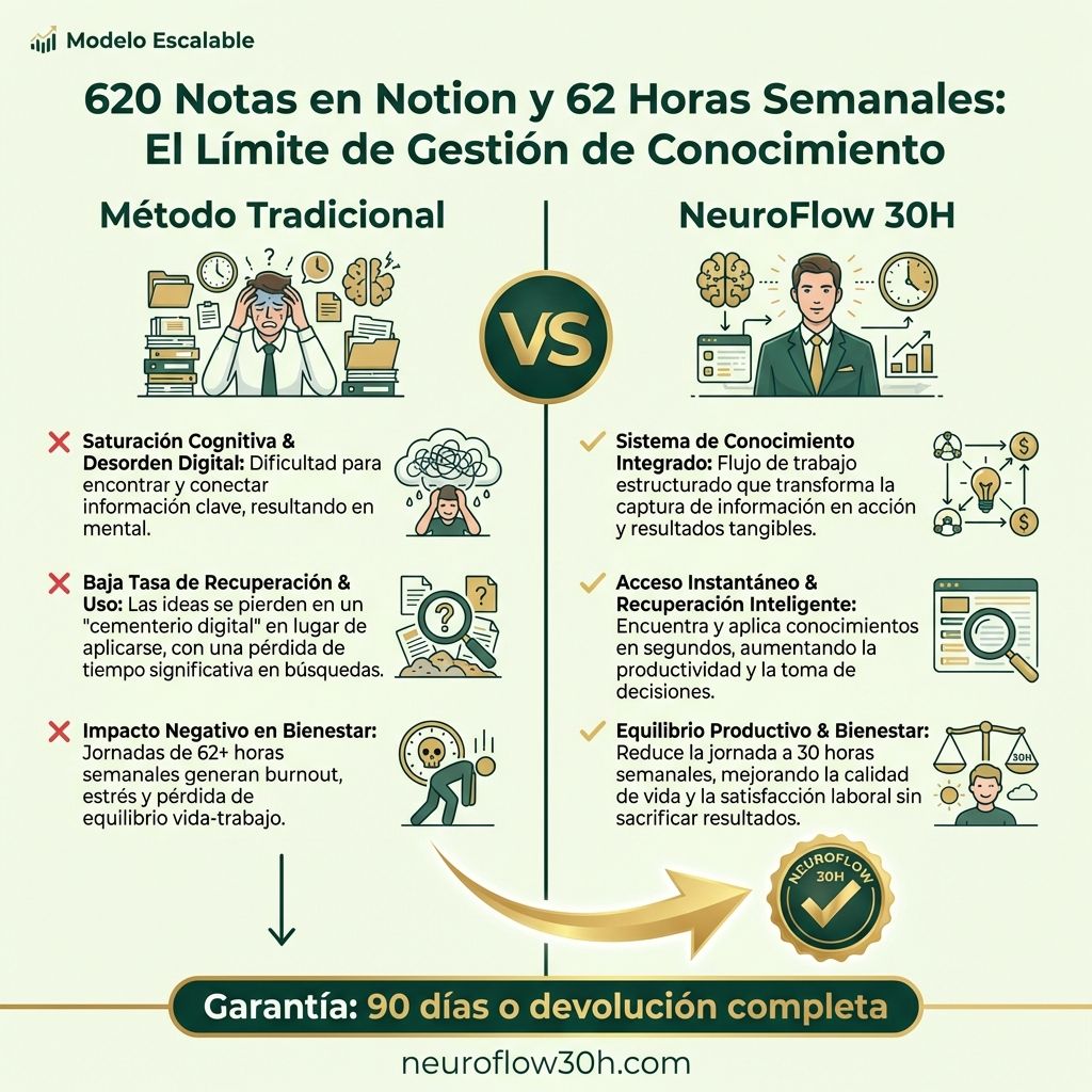 Infografía: 620 Notas en Notion y 62 Horas Semanales: El Límite de Gestión de Conocimiento