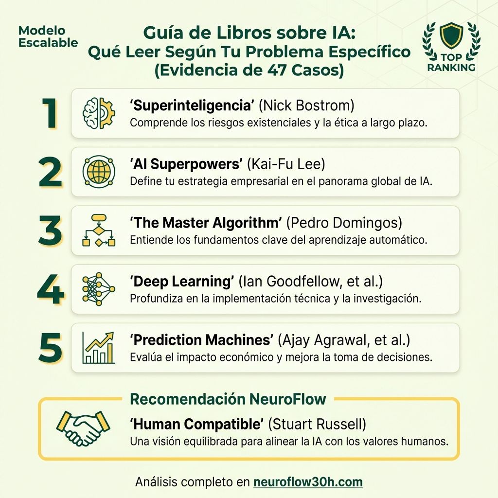 Infografía: Guía de Libros sobre IA: Qué Leer Según Tu Problema Específico (Evidencia de 47 Casos)