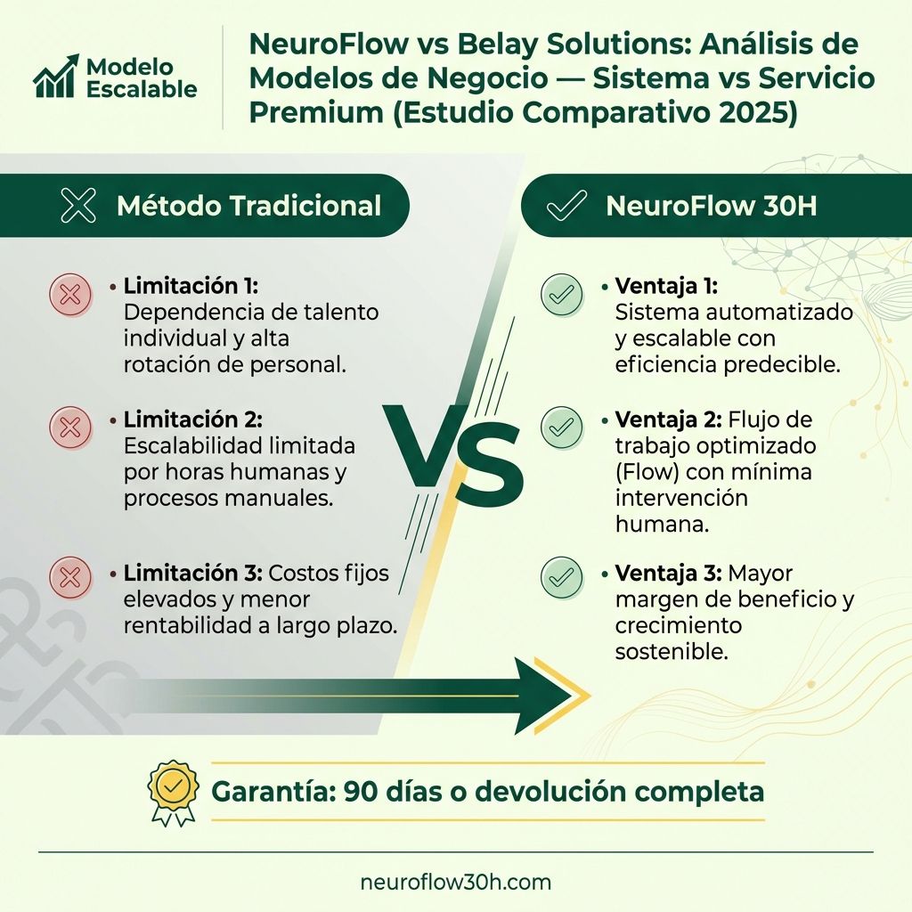 Infografía: NeuroFlow vs Belay Solutions: Análisis de Modelos de Negocio — Sistema vs Servicio Premium (Estudio Comparativo 2025)