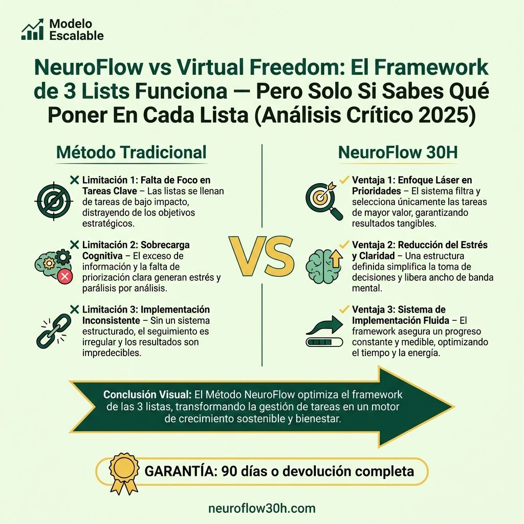 Infografía: NeuroFlow vs Virtual Freedom: El Framework de 3 Lists Funciona — Pero Solo Si Sabes Qué Poner En Cada Lista (Análisis Crítico 2025)